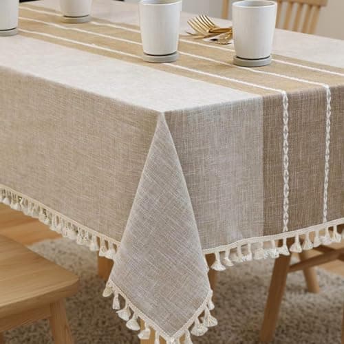 Image of Nesrefyn Tablecloths for Rectangle Tables, Cotton Linen Table Cloth Non-slip Tablecloth Wrinkle Free Farmhouse Dining Table Cover, Soft Fabric Table Cloths with Tassels, Coffe, 55" X 70", 4-6 Seats