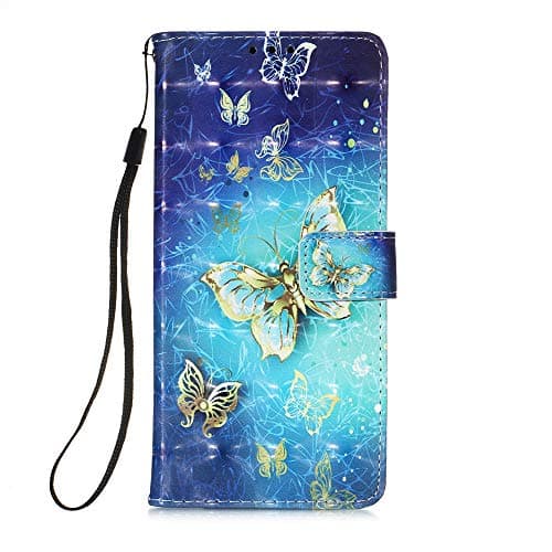 Image of Huawei Y6p Phone Case, Shockproof 3D PU Leather Book Design Wallet Flip Phone Case TPU Bumper Shell Slim Folio Protective Cover for Huawei Y6P 2020 with Card Slots Magnetic Stand(Blue Butterfly)