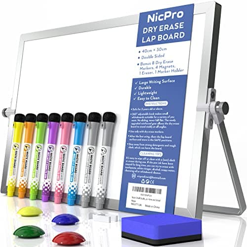 Image of Nicpro Dry Erase Mini Whiteboard A3, 40 x 30 cm Double Sided Small Magnetic Desktop White Board with Stand, 8 Pens, 1 Eraser,4 Magnet, Portable Board Easel for Kids Students School Supplies Office