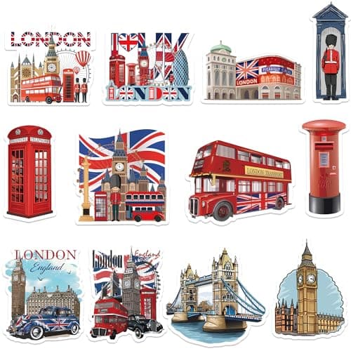 Image of London Icons Fridge Magnets Souvenir - British Construction Design Set of 12, Double-Deck Bus, Red Phone Box, Tower Bridge, England Car Souvenirs Gifts Magnets for Family Friends Colleague