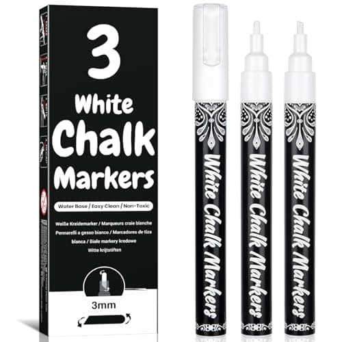 Image of AOSUCO White Chalk Pens, 3mm Washable Liquid Chalk Markers with Reversible Tips (Round Tip & Chisel Tip) Chalk Pens for Blackboards, Window, Glass, Chalkboard, Jars, 3 Pack Wipeable Blackboard Pens