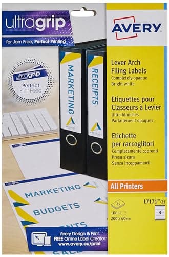Image of Avery Quickdry, Printable, Filing Labels, Lever Arch Filing, 200 x 60 mm, White, 4 Labels per Sheet, 100 Blank Labels per Pack (L7171-25)
