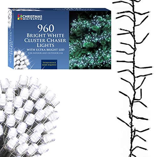 Image of The Christmas Workshop 78470 960 Bright White LED Chaser Cluster Christmas Lights | Indoor and Outdoor Fairy Lights | 13.9 Metres | 8 Light Modes | Christmas, Weddings & Gardens
