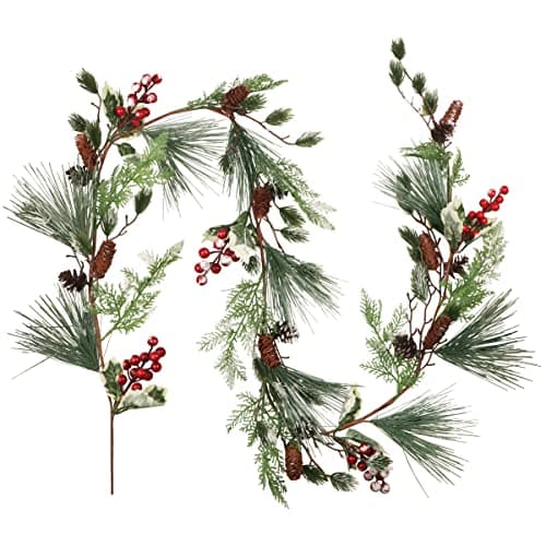 Image of Christmas Pine Needle Garland,1.8 M Christmas Pinecones Garland Artificial Christmas Garland with Holly Leaves Pine Needles Red Berry Holiday Garland for Winter Home Mantle Fireplace Stairs Decoration