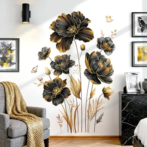 Image of decalmile Large Black Gold Flower Wall Stickers Floral Gold Leaves Plants Butterfly Wall Decals Bedroom Living Room Sofa TV Background Home Decor