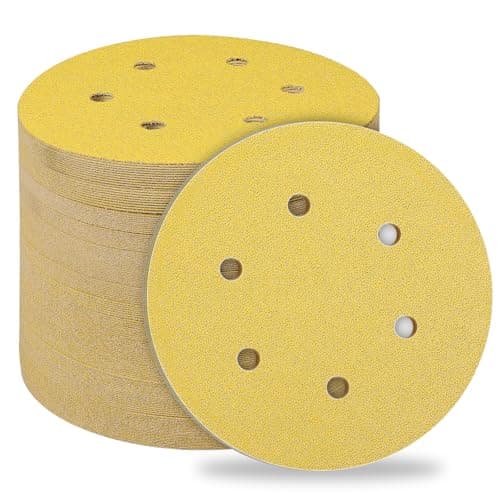 Image of STEBRUAM 50pcs 150mm sanding discs,Sanding Discs Pads for Random Orbital Sander pads and All Oscillating Tools,Yellow sanding discs Hook and Loop 60 Grit 6 Hole 6 Inch Round
