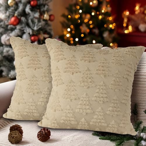 Image of Lanpn Christmas 60x60 Throw Pillow Covers Set of 2, Winter Chrismas Tree Throw Pillow Cases Soft Plush Faux Fur Wool 24 x 24 Winter Cushion Cover for Indoor Home Bedroom Couch Sofa Decor (Beige)