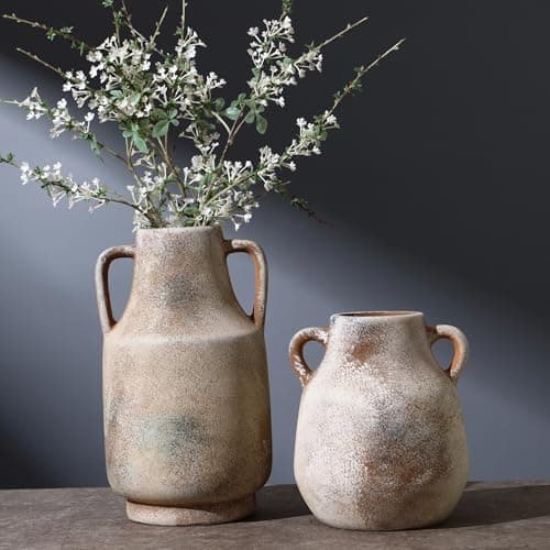Image of KRYSTHIA Ceramic Flower Vases with Handles, Set of 2 Large Decorative Terracotta Vase, Farmhouse Vases for Home Decor, Rustic Vintage Vase for Living Room, Bedroom, Office, Coffee Table(Brown)