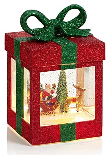 Image of Premier Quality Festive Christmas Red & Green Glitter Metal Gift with Santa Reindeer & Sleigh LED Water Spinner with Glitter Snow, 18cm x 11cm x 11cm (201278)