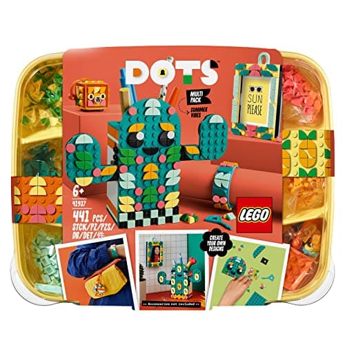 Image of LEGO 41937 Building Set, Multi Pack 4 in 1 Bracelet, Picture Frame, Bag Tag and Pencil Holder Summer Vibes Arts and Crafts Set for Kids, Multicolour