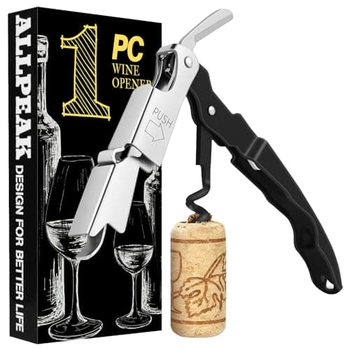 Image of Allpeak Corkscrew Bottle Opener Wine Opener - 1PC Stainless Steel Double Hinged Wine Key with Foil Cutter and Cap Remover, Waiters Friend, Kitchen Tools & Gadgets Barware Waiter Corkscrews - Black