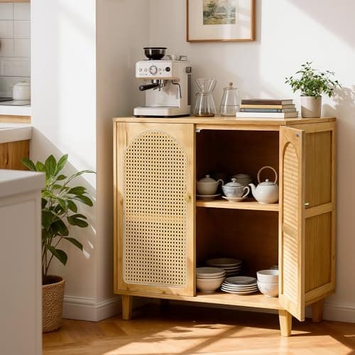 Image of unho Bamboo Rattan Sideboard Storage Cabinet with 2 Doors and Adjustable Shelf, Small Cupboard with Raised Legs, Kitchen Buffet Cabinet for Living Room, Dining Room, Hallway, 75 x 39 x 82 cm