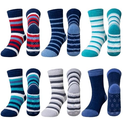 Image of SEEYAN Kids Fuzzy Slipper Grip Socks Boys Girls Non Slip Winter Thick Fluffy Warm Soft Plush Thermal Crew Socks 6 Pairs (8-12 Years, 6 Pairs Stripe)
