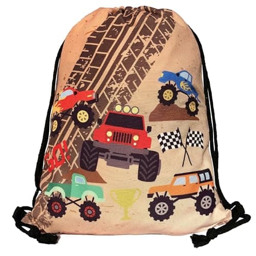 Image of HECKBO Kids Monster Truck Cars Gym Drawstring Bag - 40x32cm - 12.6" x 15.8" - String Bag - Kindergarten Daycare Crèche School Football - Children's Sports Backpack