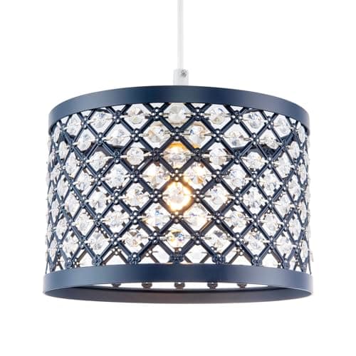 Image of Modern Ornate Navy Midnight Blue Metal Pendant Light Shade with Clear Hexagonal Acrylic Beads | 25cm Diameter | Shabby Chic Style by Happy Homewares
