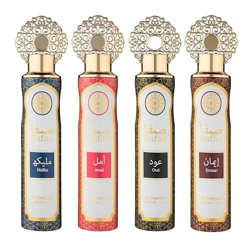 Image of Designer Fragrances Safaa 4 Pack Exclusive Bundle - Amal, Emaan, Malika, Oud Luxury Air Freshener Cans - For Home & Vehicles – Natural Oils, Lasting Smell Spray – Deodorise & Neutralise Odours