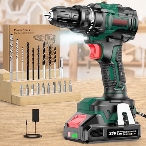 Image of CEEIGOO Cordless Drill Brushless, 21V Electric Drill with Battery 2000mAh, 18+1 Torque, 42N.m Max PowerDrill, LED Light, 2 Speed, 20PCS Drill Bits for Home and Garden DIY Project