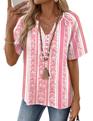 Image of Rapbin Womens Tops V Neck Short Sleeve Cotton Linen Blouses Summer Boho Tops for Women T Shirt Button Down Shirts Loose Fit Pink Stripe XL