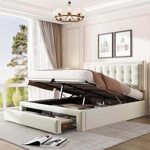 Image of Upholstered Double Bed 135 x 190cm, Ottoman Storage Bed with Hydraulic Lever and Drawer, Large Storage Space, Velvet Fabric Ottoman Lift Up 4FT6 Double Bed Frame, No Mattress (Cream, 135 x 190cm)