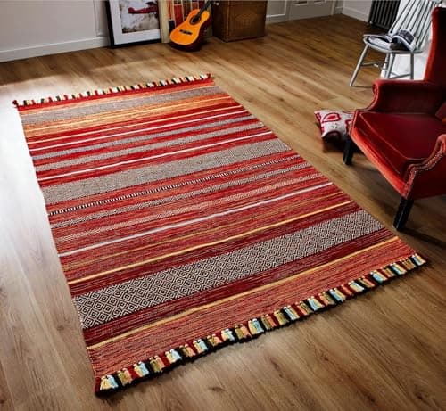 Image of RugsCity Handmade Moroccan Kilim rug, Vintage carpet, Flat weave Area Rug for Living room, bedroom, Traditional, Artistic Decor (Killim Stripe Red, 070 X 140 CM)
