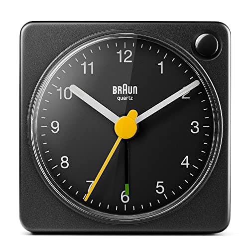 Image of Braun Classic Travel Analogue Alarm Clock with Snooze and Light, Compact Size, Quiet Quartz Movement, Crescendo Beep Alarm in Black, model BC02XB.
