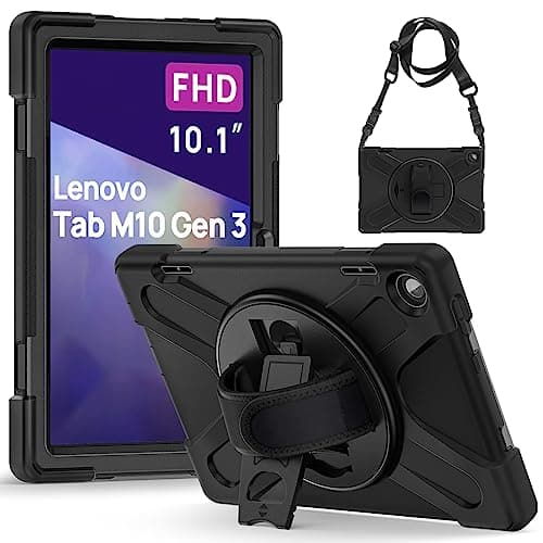 Image of Gerutek Lenovo Tab M10 3rd Gen 10.1 Inch 2022 (TB-328FU/TB-328XU) Shockproof Rugged Case with 360 Rotating Stand/Hand Strap, Shoulder Strap Protective Case for Lenovo Tablet M10 3rd,Black