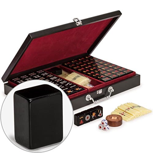 Image of Yellow Mountain Imports Chinese Mahjong Game Set, Jet Set - with 148 Small-Size Black Tiles and Wooden Case, Wooden Spinner, Dice, and Scoring Sticks (For Chinese Style Game Play)