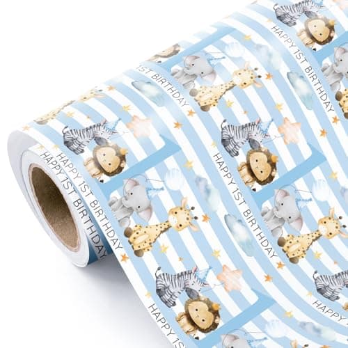 Image of RUSPEPA Baby Boy 1st Birthday Wrapping Paper - Mini Roll - 43.2cm x 5m - Baby Blue Adorable Jungle Animal Wrapping Paper Perfect for Kids Girls Birthday