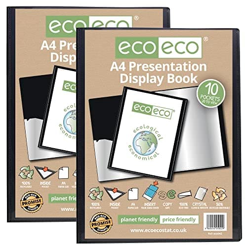 Image of eco-eco A4 Size 50% Recycled 10 Pocket Black Presentation Display Book, Storage Case Portfolio Art Folder with Plastic Sleeves (Pack of 2 Books),Black,eco042x2