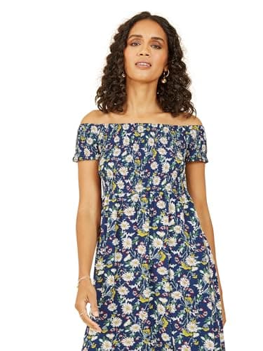 Image of Mela London Mela Navy Floral Print Bardot Midi Dress with Split Hem Navy 16