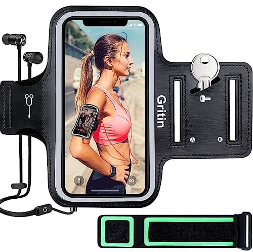 Image of Gritin Running Armband for iPhone 16/15/15 Pro/14/14 Pro/13/13 Pro/12/12Pro, Skin-Friendly Sweatproof Sports Running Armband with Key and Headphone Slot for Phones up to 6.1"-Perfect for Jogging, Gym