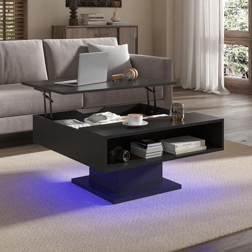 Image of KEEPREAPER Lift Top Coffee Table with Storage, Square Black Led Coffee Table with Large Hidden Storage, Wood Living Room Table Led Center Table for Dining Reception Room, Black