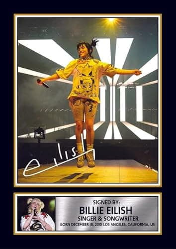 Image of Billie Eilish Portrait Printed Signed Poster Print – Live Stage Performance Artwork – Autograph Style Singer Wall Art – Music Memorabilia Collectible, A4 Poster + Gold Frame