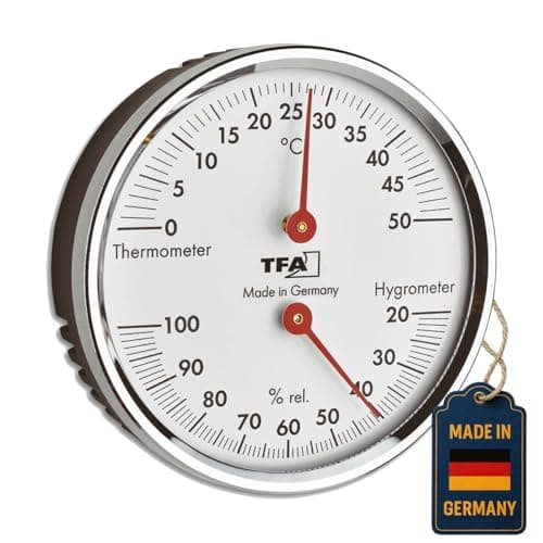 Image of TFA Dostmann 45.2041.42 Analogue Thermo-Hygrometer with Metal Ring for Temperature and Humidity Control, Silver, L120 x W29 x H235 mm