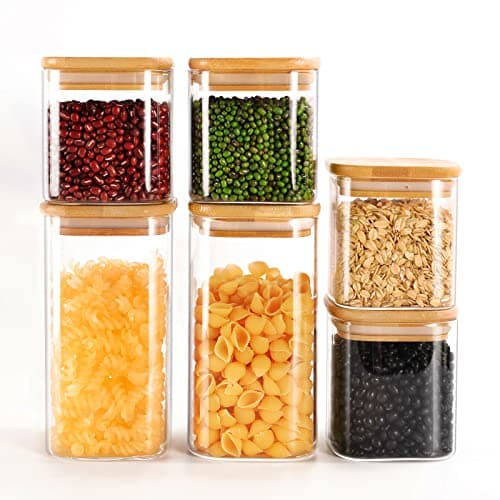 Image of Finew Glass Storage Jars with Bamboo Lid, Set of 6 Airtight Food Glass Jars, Clear Kitchen Storage Containers Canisters for Spice Herbs Pasta Flour Coffee Tea Cookie Snack Seed