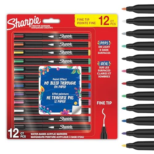 Image of Sharpie Creative Marker Acrylic Paint Pens | Fine-Tip Water-Based Paint Markers | No-Bleed Ink Writes on Most Surfaces | Crafting & Art Supplies | Assorted Colours | 12 Count