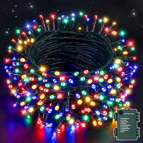Image of Ollny Fairy Lights Battery Operated, 10m 100 LEDs Battery Powered String Lights, Multicoloured Outdoor Lights Waterproof with 8 Modes/Timer for Indoor Bedroom Outside Garden Tree Decorations