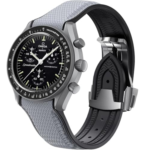Image of REBANDACE Strap for Omega x Swatch MoonSwatch Watch 20mm,Folding Buckle Omega X Swatch Moonswatch Speedmaster Replacement Strap,Curved No Gap Moonswatch Swatch strap for Men Women (Gray Black)