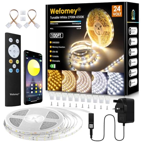 Image of Wefomey White LED Strip Light, 30M Dimmable Bright 24V Led Tape Light with Remote and App Control, 2700K-6500K White 1440 LEDs Lights for Bedroom, Kitchen, Ceiling(1X30M)