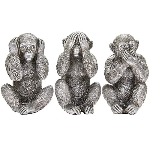 Image of Thorne Antiques & Collectables Set of Three Wise Monkeys Ornaments in Antique Silver Finish - See, Hear and Speak No Evil