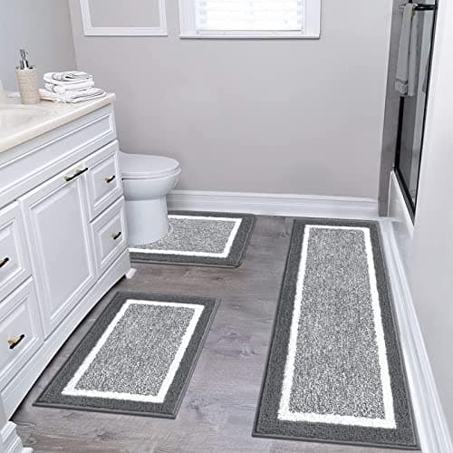 Image of Pauwer Ultra Soft Bathroom Mat Sets 3 Piece Luxury Non Slip Absorbent Bath and Toilet Mat Set Machine Washable Bath Floor Rug Shower Rug, Dark Grey