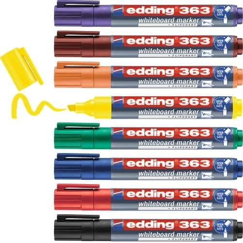 Image of edding 363 whiteboard marker set - multi-coloured - 8 whiteboard pens - chisel tip 1-5 mm - whiteboard pen dry wipe - for whiteboards, flipcharts, magnetic, memo boards - sketchnotes - refillable
