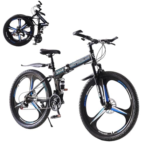 Image of BSTSEL 24 Inch Adult Folding Mountain Bike, Dual Suspension Mountain Bikes with 24 Inches 3-Spoke Wheel, 21 Speed Mens and Womens Foldable Mountain Bicycle (24 Inch Black & Blue)