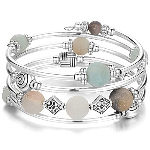 Image of BULINLIN Beaded Pearl Layered Bangle Bracelet for Women Turquoise Bohemian Thick Silver Plated Fashion Jewellery Gifts for Birthday(09-Amazon green)