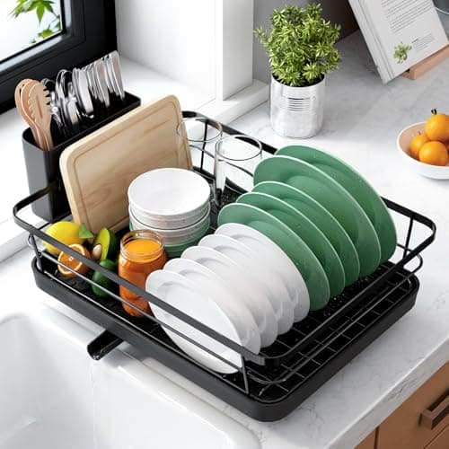 Image of Kitsure Dish Drainer Rack- Space-Saving Dish Drainer, Dish Racks for Kitchen Counter, Stainless Steel Kitchen Drying Rack with a Cutlery Holder, Large, Black