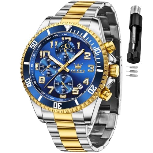 Image of OLEVS Mens Watches Chronograph Luxury Dress Moon Phase Two Tone Stainless Steel Waterproof Luminous Business Calendar Wrist Watch, blue watches for men, men watch