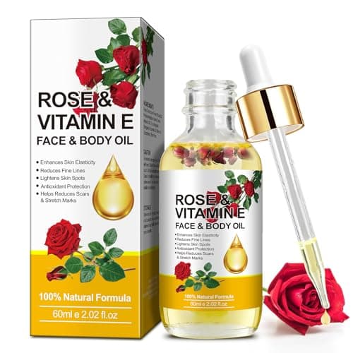 Image of Rose Vitamin E Face & Body Oil - 100% Natural Moisturize Reduce Wrinkles Diminish Scars and Stretch Marks Enhances Skin Elasticity Rose Vitamin E Oil Organic for Face Body Massage Oil