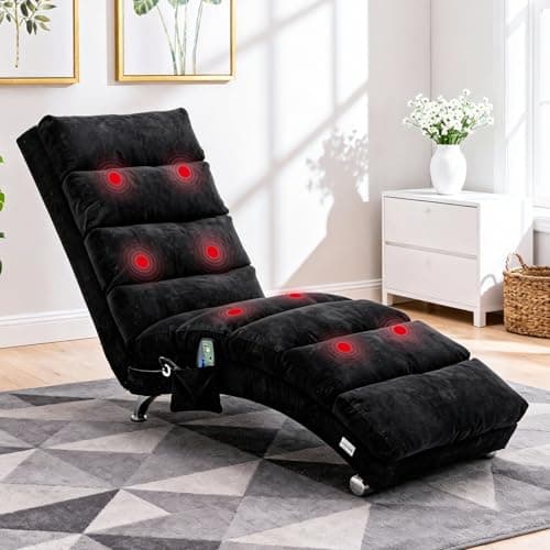 Image of QQU Indoor Chaise Lounge, Upholstered Chaise Longue Chair with Massage, Full Body Support Fixed Recliner Sofa, Linen Leisure Chair with Side Pocket for Living Room Bedroom, Office (Black)