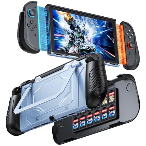 Image of FYOUNG Dockable Protective Case for Nintendo Switch 2 with Hard PC Front Cover, Adjustable Kickstand, 12 Game Card Slots, TPU Grip for Joycon, Shock-proof&Anti-Scratch Shell for Switch 2-Light Blue