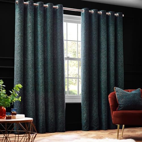 Image of Paoletti Galaxy Eyelet Curtain Pair – Lined Room Darkening Luxury Opulent Chenille Curtains (Emerald - 168x229cm)